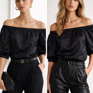Tibi Black Satin Elastic Off Shoulder Top Puff Sleeve Size 6 NWT